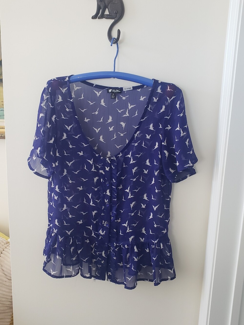 a new day Navy Blue Sheer Bird-Print Ruffle Blouse